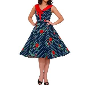 Hearts & Roses Polka Dot Floral Pinup Dress